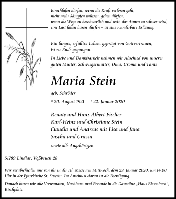 Anzeige von Maria Stein von Kölner Stadt-Anzeiger / Kölnische Rundschau / Express