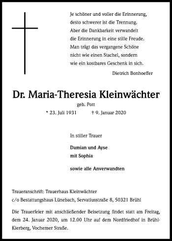 Anzeige von Maria-Theresia Kleinwächter von Kölner Stadt-Anzeiger / Kölnische Rundschau / Express