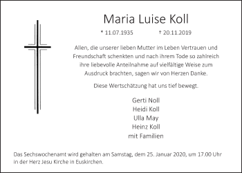 Anzeige von Maria Luise Koll von  Blickpunkt Euskirchen 