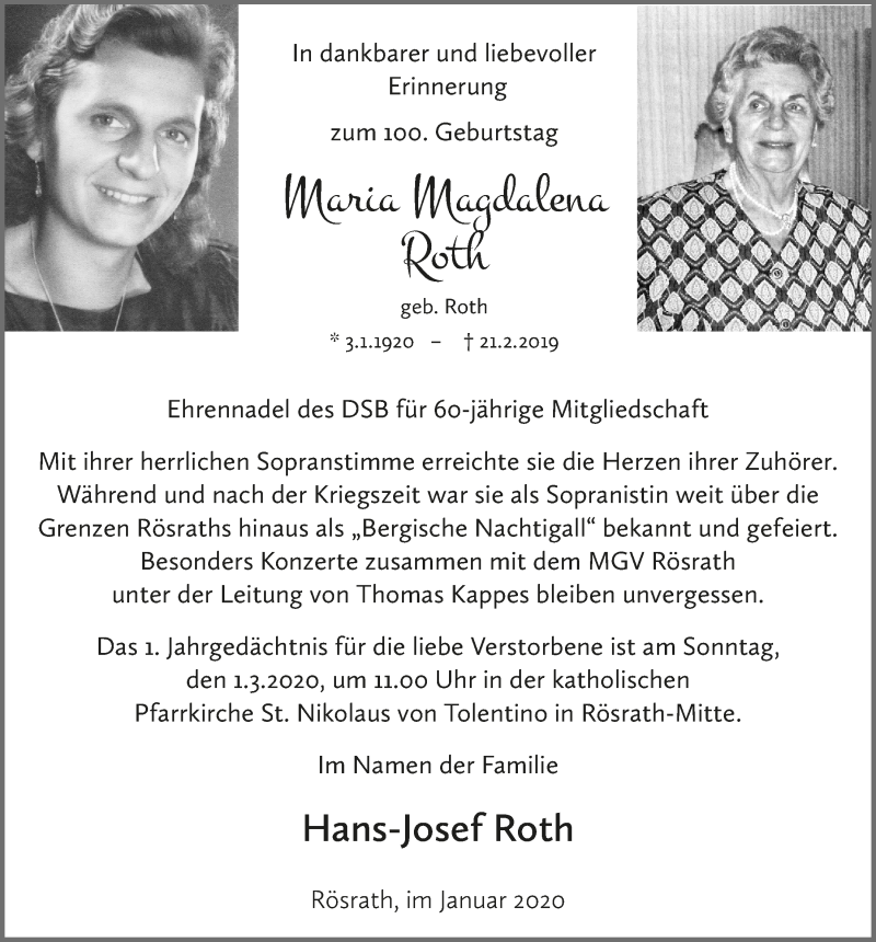  Traueranzeige für Maria Magdalena Roth vom 04.01.2020 aus  Bergisches Sonntagsblatt 