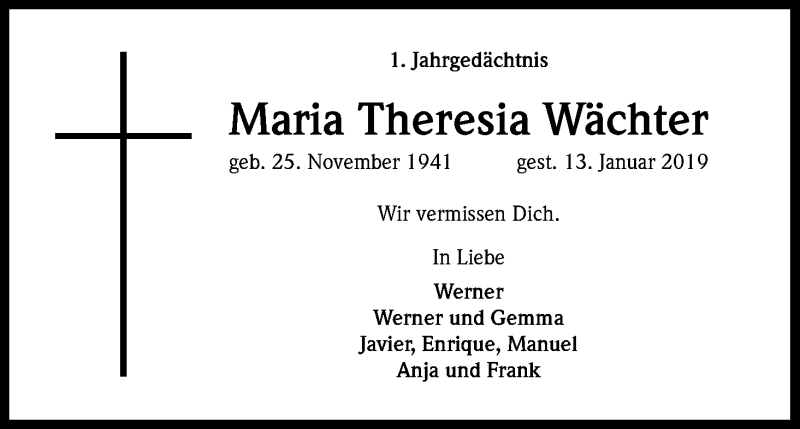  Traueranzeige für Maria Theresia Wächter vom 11.01.2020 aus Kölner Stadt-Anzeiger / Kölnische Rundschau / Express