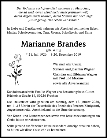 Anzeige von Marianne Brandes von Kölner Stadt-Anzeiger / Kölnische Rundschau / Express