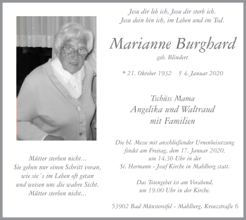 Anzeige von Marianne Burghard von  Blickpunkt Euskirchen 