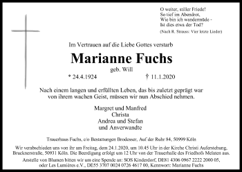 Anzeige von Marianne Fuchs von Kölner Stadt-Anzeiger / Kölnische Rundschau / Express