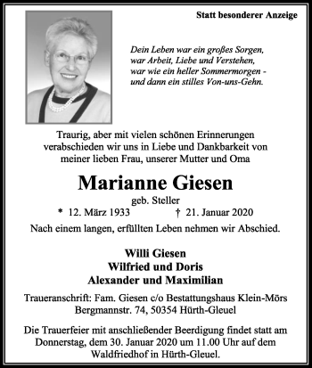 Anzeige von Marianne Giesen von Kölner Stadt-Anzeiger / Kölnische Rundschau / Express