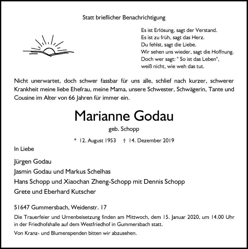  Traueranzeige für Marianne Godau vom 08.01.2020 aus  Anzeigen Echo 
