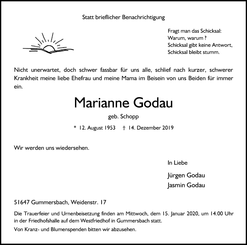  Traueranzeige für Marianne Godau vom 03.01.2020 aus Kölner Stadt-Anzeiger / Kölnische Rundschau / Express