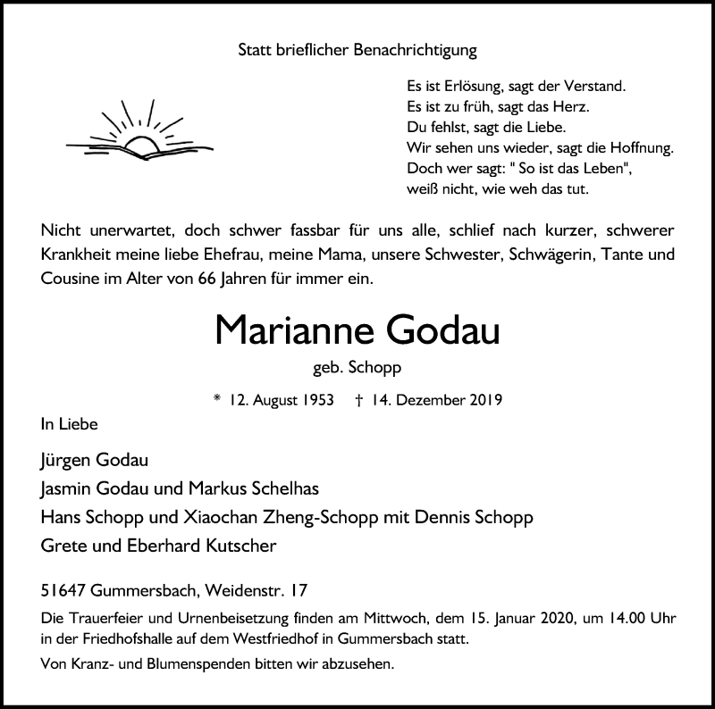  Traueranzeige für Marianne Godau vom 06.01.2020 aus Kölner Stadt-Anzeiger / Kölnische Rundschau / Express