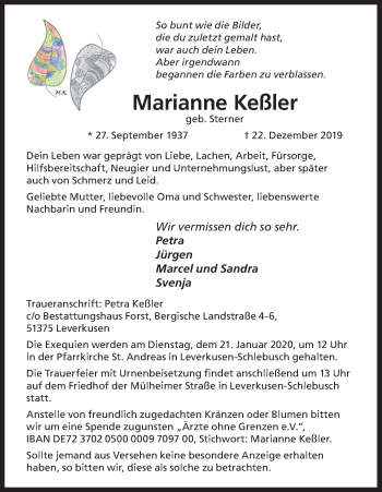 Anzeige von Marianne Keßler von Kölner Stadt-Anzeiger / Kölnische Rundschau / Express