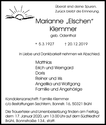 Anzeige von Marianne Klemmer von Kölner Stadt-Anzeiger / Kölnische Rundschau / Express