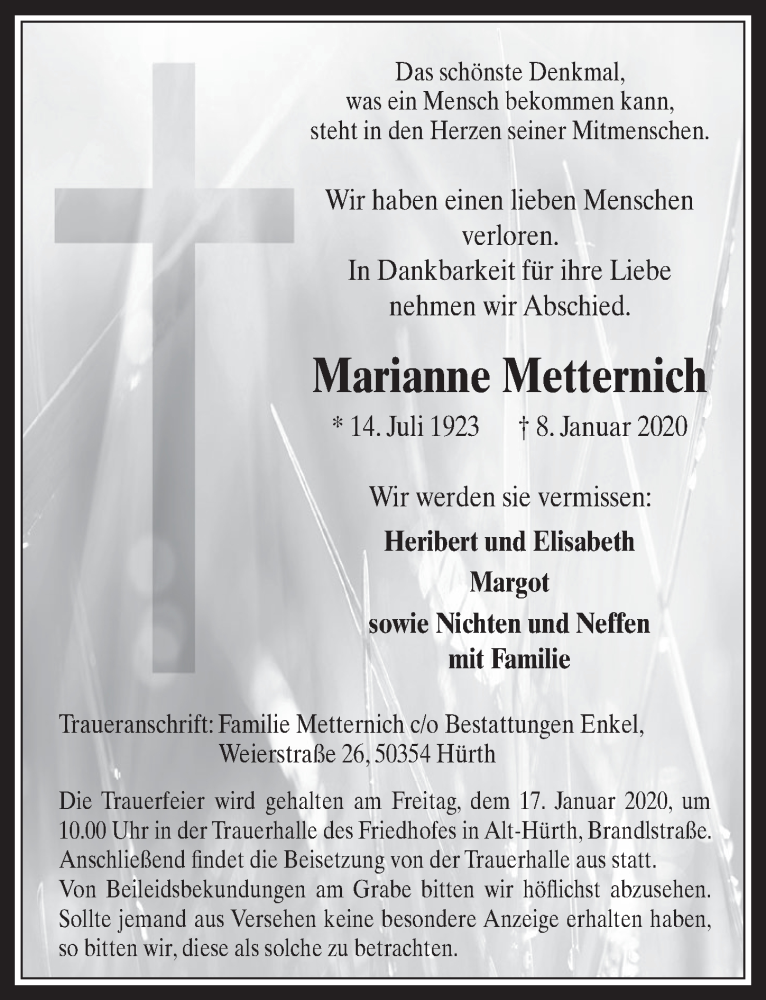  Traueranzeige für Marianne Metternich vom 15.01.2020 aus  Wochenende 