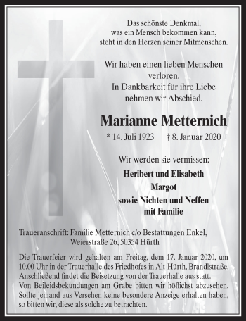 Anzeige von Marianne Metternich von  Wochenende 