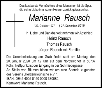 Anzeige von Marianne Rausch von Kölner Stadt-Anzeiger / Kölnische Rundschau / Express