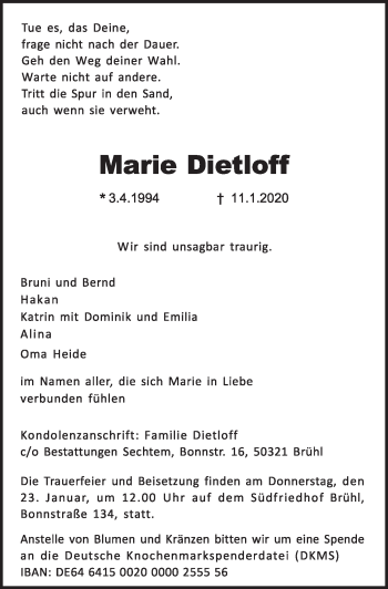 Anzeige von Marie Dietloff von  Schlossbote/Werbekurier 