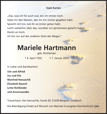 Anzeige von Mariele Hartmann von Kölner Stadt-Anzeiger / Kölnische Rundschau / Express