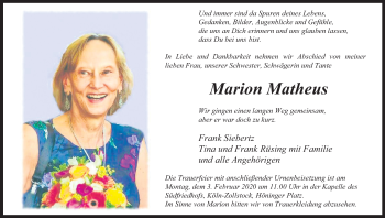 Anzeige von Marion Matheus von Kölner Stadt-Anzeiger / Kölnische Rundschau / Express