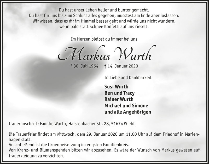  Traueranzeige für Markus Wurth vom 22.01.2020 aus  Anzeigen Echo 