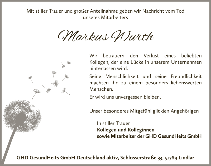  Traueranzeige für Markus Wurth vom 22.01.2020 aus  Anzeigen Echo 