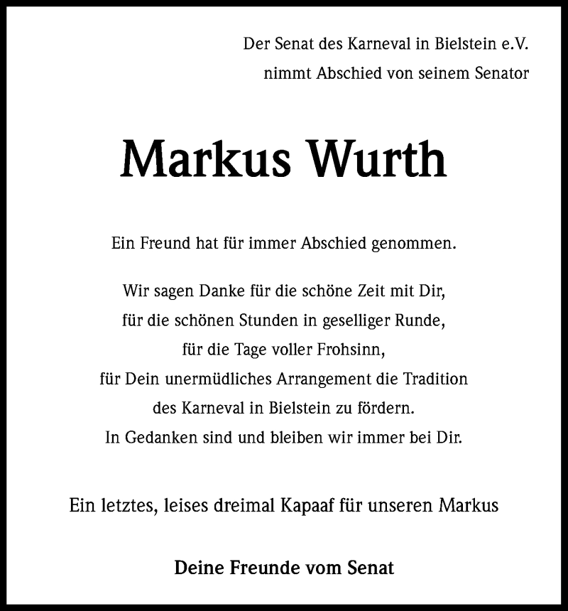  Traueranzeige für Markus Wurth vom 25.01.2020 aus Kölner Stadt-Anzeiger / Kölnische Rundschau / Express