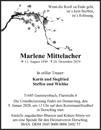 Anzeige von Marlene Mittelacher von Kölner Stadt-Anzeiger / Kölnische Rundschau / Express