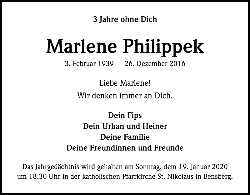  Traueranzeige für Marlene Philippek vom 15.01.2020 aus Kölner Stadt-Anzeiger / Kölnische Rundschau / Express