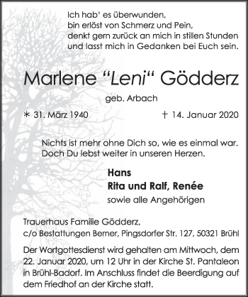 Anzeige von Marlene Leni Gödderz von  Schlossbote/Werbekurier 