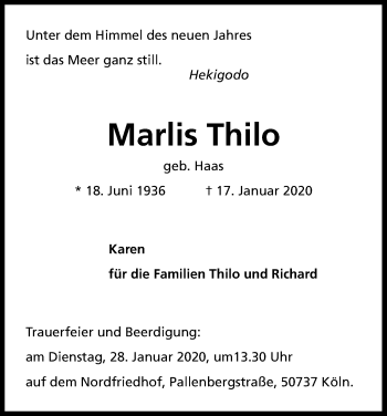 Anzeige von Marlis Thilo von Kölner Stadt-Anzeiger / Kölnische Rundschau / Express