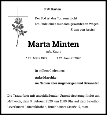 Anzeige von Marta Minten von Kölner Stadt-Anzeiger / Kölnische Rundschau / Express