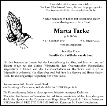 Anzeige von Marta Tacke von Kölner Stadt-Anzeiger / Kölnische Rundschau / Express