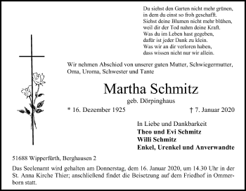 Anzeige von Martha Schmitz von Kölner Stadt-Anzeiger / Kölnische Rundschau / Express