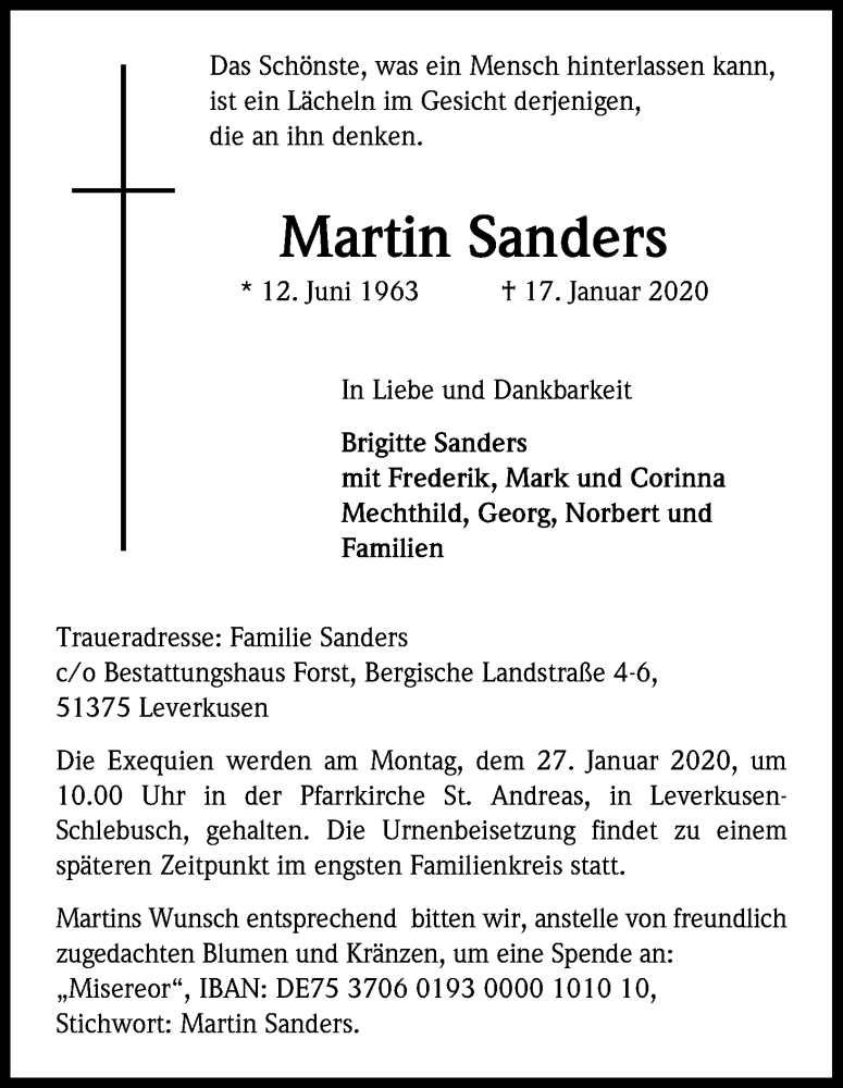  Traueranzeige für Martin Sanders vom 22.01.2020 aus Kölner Stadt-Anzeiger / Kölnische Rundschau / Express