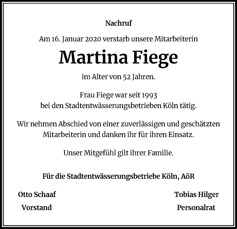  Traueranzeige für Martina Fiege vom 01.02.2020 aus Kölner Stadt-Anzeiger / Kölnische Rundschau / Express