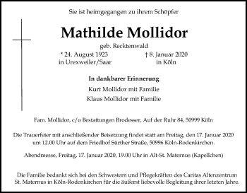 Anzeige von Mathilde Mollidor von Kölner Stadt-Anzeiger / Kölnische Rundschau / Express