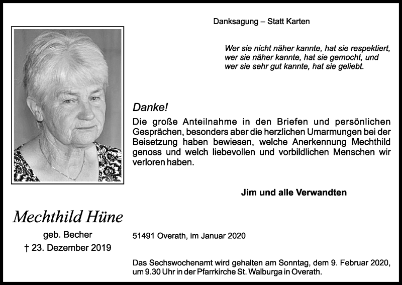  Traueranzeige für Mechthild Hüne vom 25.01.2020 aus Kölner Stadt-Anzeiger / Kölnische Rundschau / Express