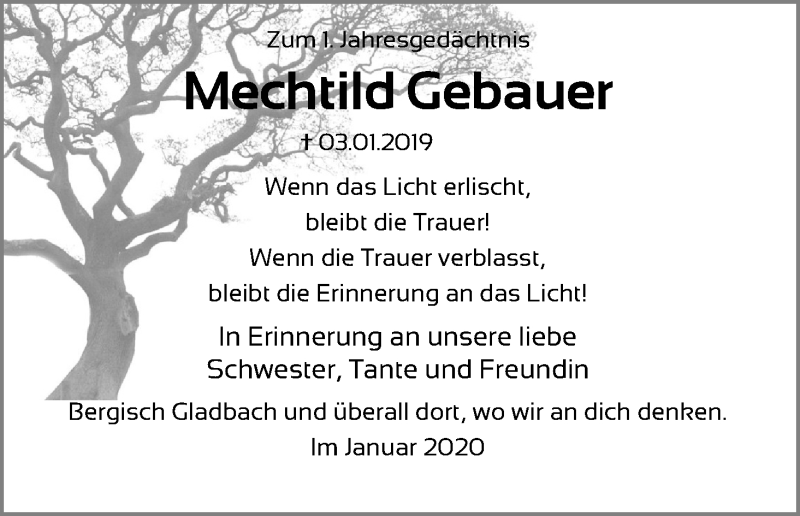  Traueranzeige für Mechtild Gebauer vom 03.01.2020 aus Kölner Stadt-Anzeiger / Kölnische Rundschau / Express