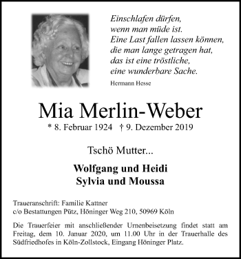 Anzeige von Mia Merlin-Weber von Kölner Stadt-Anzeiger / Kölnische Rundschau / Express