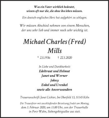 Anzeige von Michael Charles Mills von  Kölner Wochenspiegel 