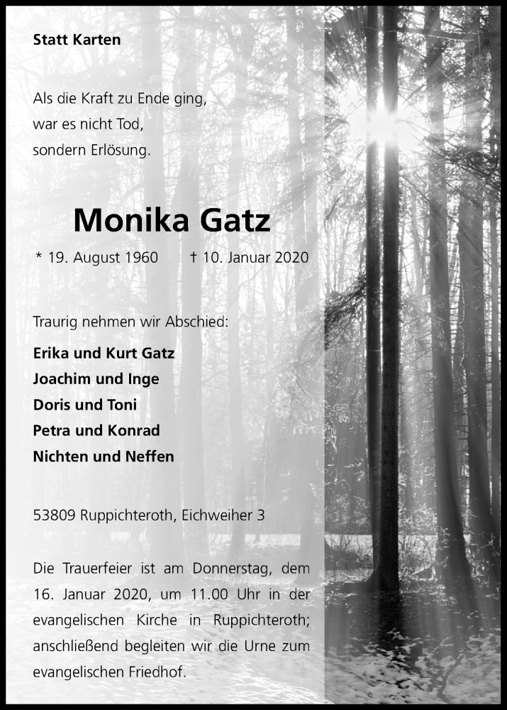  Traueranzeige für Monika Gatz vom 14.01.2020 aus Kölner Stadt-Anzeiger / Kölnische Rundschau / Express