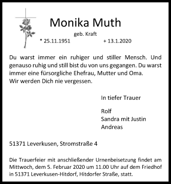 Anzeige von Monika Muth von Kölner Stadt-Anzeiger / Kölnische Rundschau / Express
