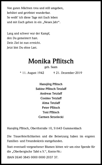 Anzeige von Monika Pflitsch von Kölner Stadt-Anzeiger / Kölnische Rundschau / Express