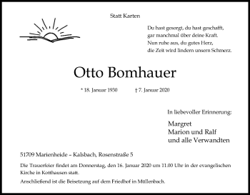 Anzeige von Otto Bomhauer von Kölner Stadt-Anzeiger / Kölnische Rundschau / Express