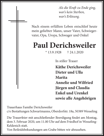 Anzeige von Paul Derichsweiler von  Schlossbote/Werbekurier 