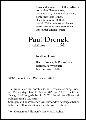 Anzeige von Paul Drengk von Kölner Stadt-Anzeiger / Kölnische Rundschau / Express