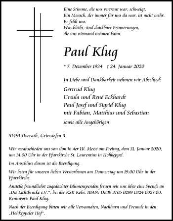 Anzeige von Paul Klug von Kölner Stadt-Anzeiger / Kölnische Rundschau / Express