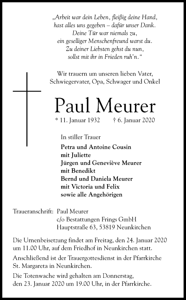  Traueranzeige für Paul Meurer vom 13.01.2020 aus Kölner Stadt-Anzeiger / Kölnische Rundschau / Express