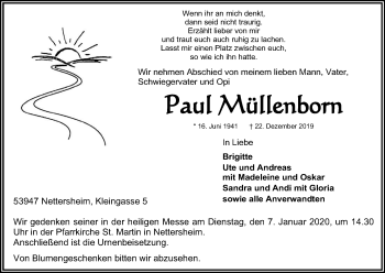 Anzeige von Paul Müllenborn von Kölner Stadt-Anzeiger / Kölnische Rundschau / Express