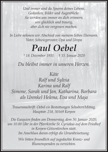 Anzeige von Paul Oebel von  Sonntags-Post 