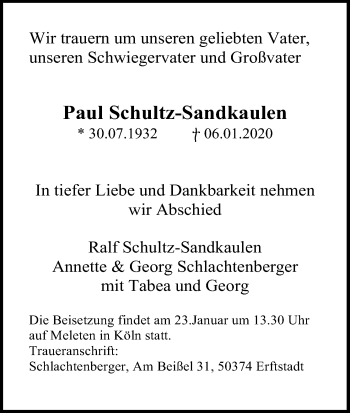 Anzeige von Paul Schultz-Sandkaulen von Kölner Stadt-Anzeiger / Kölnische Rundschau / Express