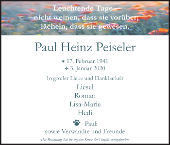 Anzeige von Paul Heinz Peiseler von Kölner Stadt-Anzeiger / Kölnische Rundschau / Express