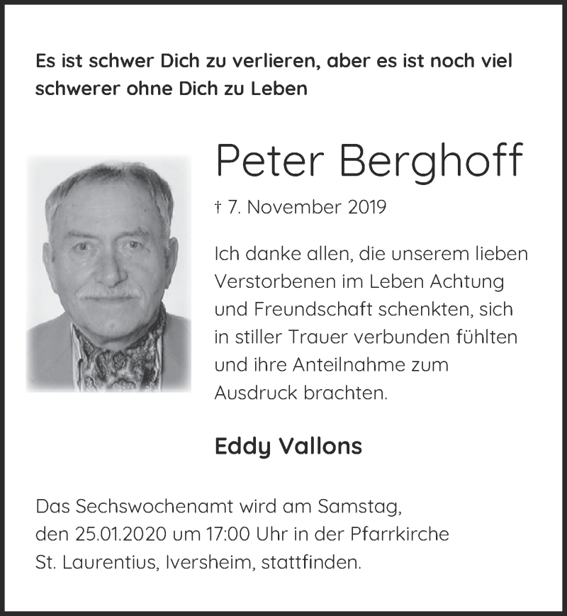  Traueranzeige für Peter Berghoff vom 18.01.2020 aus  Blickpunkt Euskirchen 